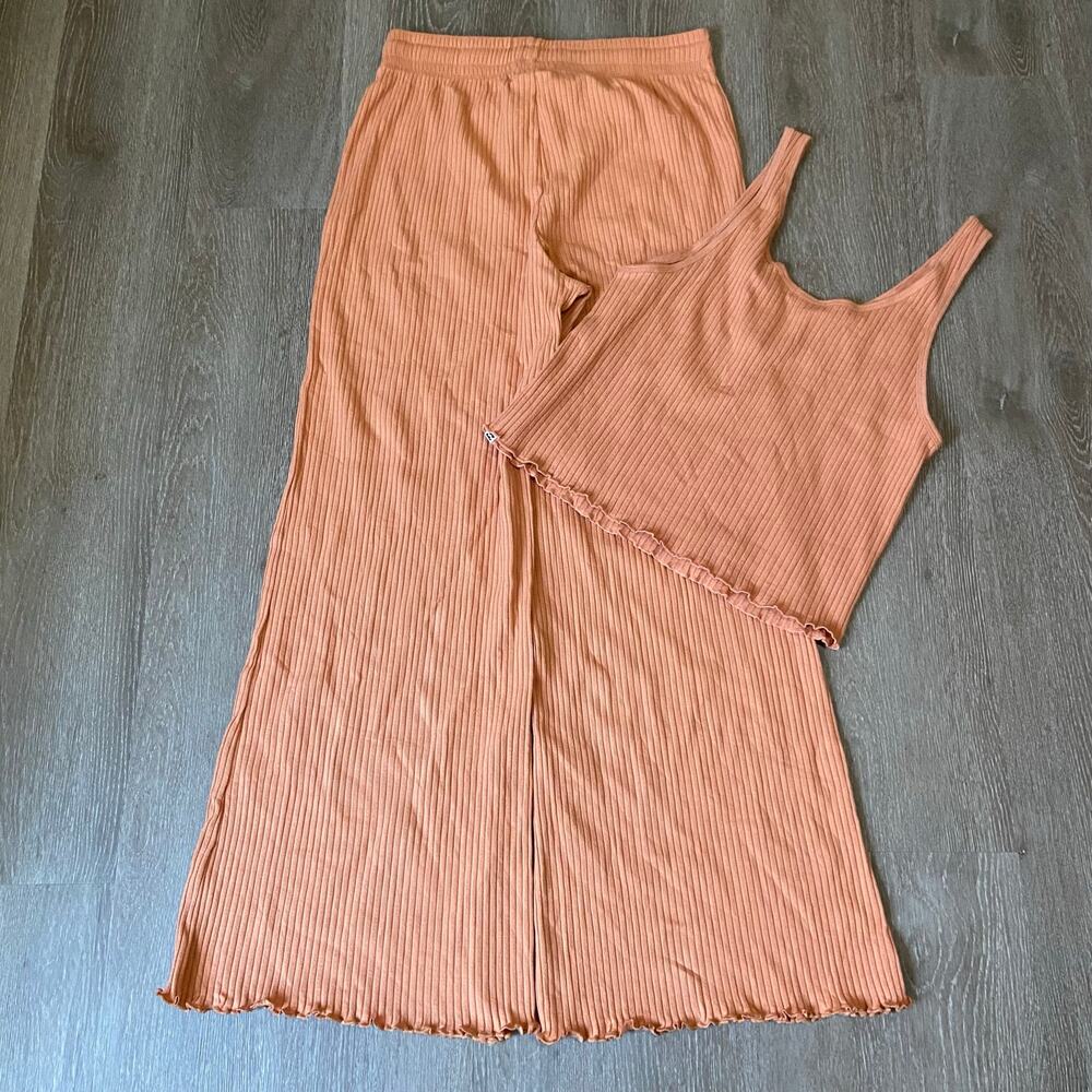 Billabong Ribbed Crop Tank and Wide Leg Pant Set Women's L Orange Comfy Knit - Picture 2 of 4
